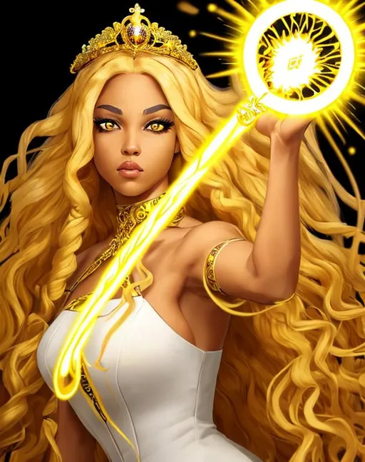 Prompt: A Beautiful 28 Year Old Queen With Light Brown Skin. She Has Long Curly Yellow Hair And Yellow Eyebrows. She Wears A White And Gold Dress. She Has Glowing Yellow Eyes With White Pupils. She Wears A Gold Tiara. She is wielding the light and attacking. Full body art.