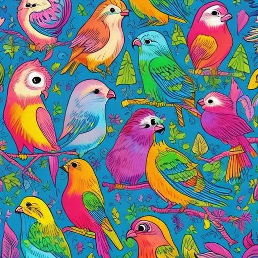 Prompt: Lisa frank style of birds in the forest