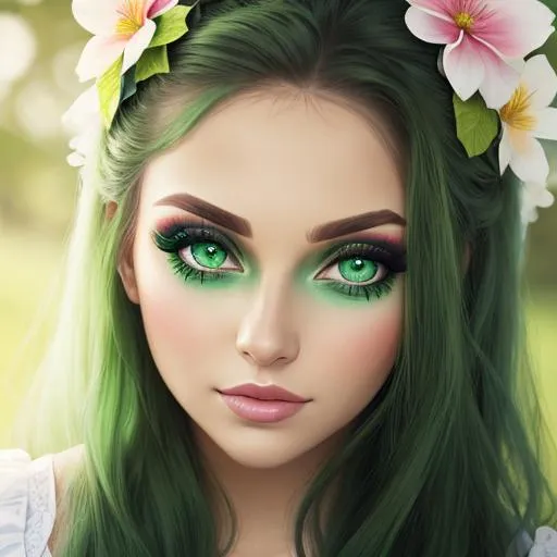 Prompt: A woman all in green, green eyes, pretty makeup, flower in hair, facial closeup