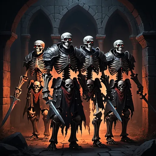 Prompt: Full body, Fantasy Illustration of three undead skeleton warriors, wearing rusty old iron armor, glowing red eyes, dark and eerie lighting, high quality, rpg-fantasy, detailed character design, atmospheric, dark castle background