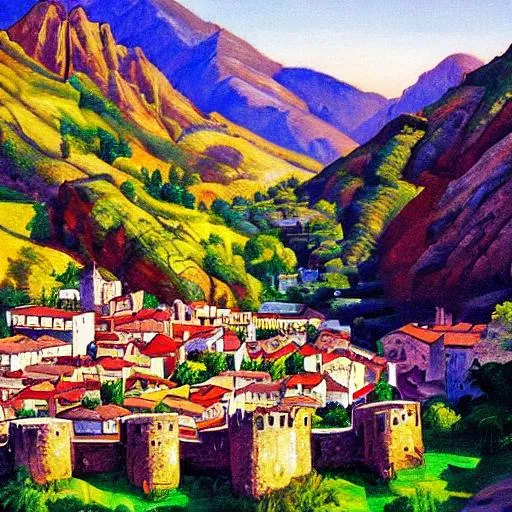 Prompt: medieval city surrounded by a city wall, in a valley of mountains, summer vibes, colorful, landscape, akril painting, 