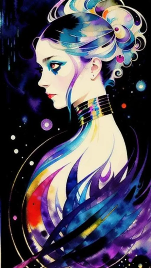 Prompt: Lady in Black, smudge, splash, stain, watercolor, alphonse mucha, rococo, iridescent, synesthesia, mysterious, vapor, whimsical, noctilucent, karol bak, sonia delaunay, takashi murakami, ralph steadman, mixed media, symbolist painting