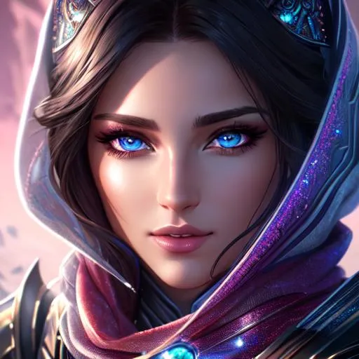 Prompt: Sci-fi, fantasy, Clear, high resolution, 8k, of a futuristic, beautiful female with scarf covering below nose. blood, detailed intricate fantasy background. clear eyes. Crisp image, extremely detailed face. Hyper realistic eyes. Detailed hands. Splash art. Colourful, 