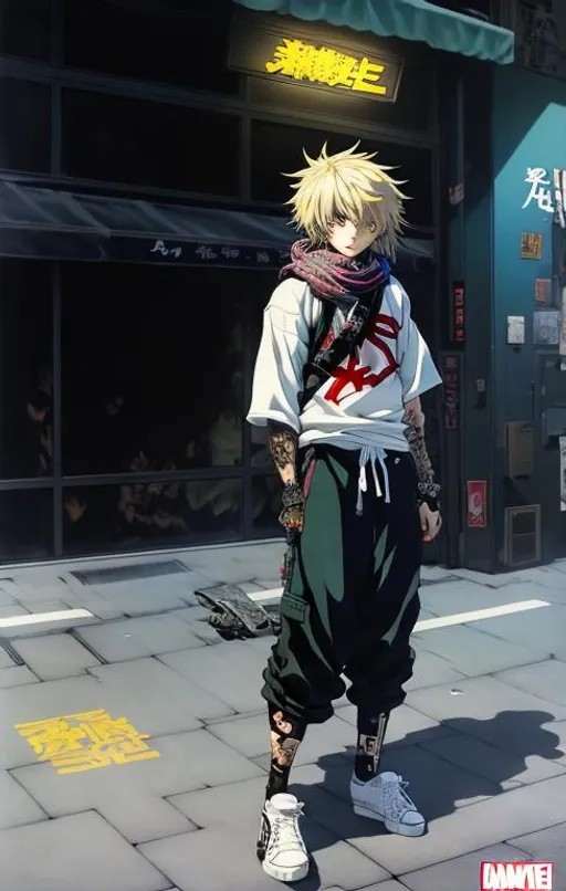 Prompt: Anime character design, gang ahestetic blonded girl full of tattoos and bandana in a style hip hop, Photoreal, hyper-realistic, high dynamic range, rich colors, lifelike textures, 8K UHD, high color depth, by Yoji Shinkawa, by Peter Chung, by Katsuhiro Otomo, by Kentaro Miura