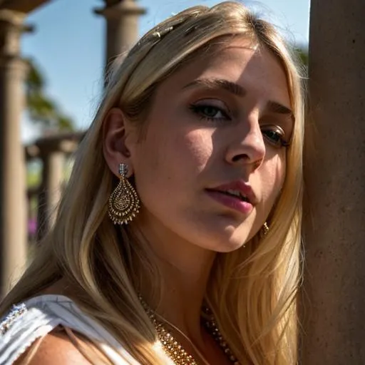 Prompt: RAW photo, portrait, godess of perfection, blonde woman, 25 years old, slim, very busty, fringed light hair
, bright blue eyes, oval face, pointy chin, symmetrical face high resolution skin, big black eyes, juicy lips, narrow nose, symmetric face, wearing  linen clothes, detailed jewellery, sarong, like toga, leather sandalss, running, vivid colors (high detailed skin:1.2), 8k uhd, dslr, soft lighting, high quality, film grain, Fujifilm XT3