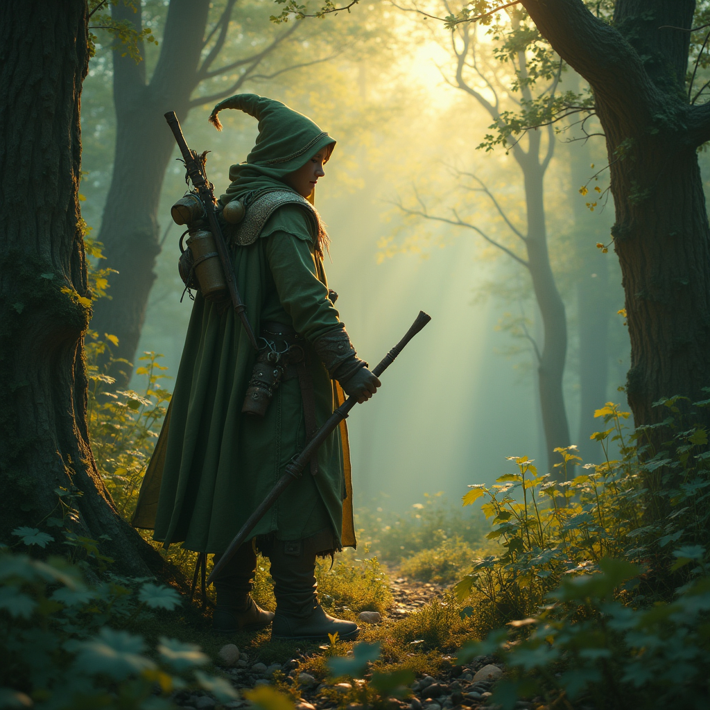 Elf ranger in a mystical forest around sunlight