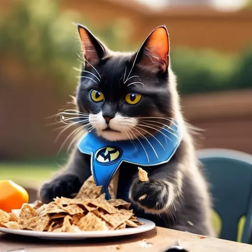 Prompt: a cat dressed in a superhero uniform and eating its food