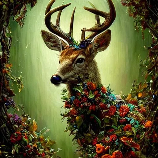 Prompt: deer with a wreath of flowers on his head! by Craig Mullins; Dan Mumford; Luis Royo; Alberto Seveso; Donato Giancola; robert oxley; Beeple; Carne Griffiths; 3d; intricate filigree! dramatic lighting; chiaroscuro; moonlit night; digital illustration; large depth of field; dynamic pose; unique composition; CGSociety; splash art; digital concept art; volumetric lighting; fantasy artwork; lovecraftian; apocalypse