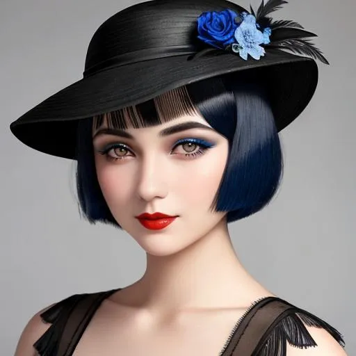 Prompt: a pretty girl  dressed in blue,  dark black hair, flapper, wearing a hat 1920's era, bob hair cut, 1920's era makeup, facial closeup