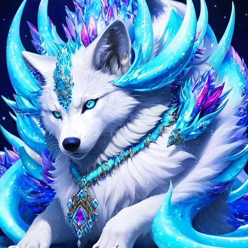 Prompt: (masterpiece, oil painting, 3D, artstation, best quality:1.5), insanely beautiful white ((wolf)) queen, growling, psychedelic colors, eyes gleam ice blue, frost on fur, (blue jewel-crusted crest), blue magic fur highlights, finely detailed, (sharp intricately detailed eyes:3), beautifully defined detailed legs, beautifully detailed shading, bulky, (incredibly thick beautifully detailed fur:3), highly detailed body, full body focus, beautifully detailed background, brilliant auroras, ice storm, ice element, blizzard, ice rain, surrounded by icy mist, highly detailed pastel clouds, cinematic, high octane render, unreal engine, 64K, UHD, Yuino Chiri