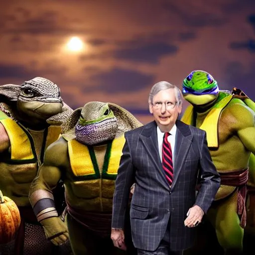 Prompt: Breathtaking wallpaper featuring Mitch McConnell cosplaying as a Turtle halloween costume and TMNT Teenage Mutant Ninja Turtles