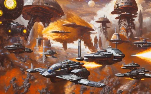 Prompt: phaser, dead, battle, action, war, spaceship, wreck, oil painting, hd quality, UHD, hd , 8k, hyper realism, panned out view resolution, spaceman, ancient, laser, explosion, many colours, spacewar, saucer, ice planet, rotting, rust, pew pew, beam, fire, explosion, dead planet, firepower, robots, zombies,