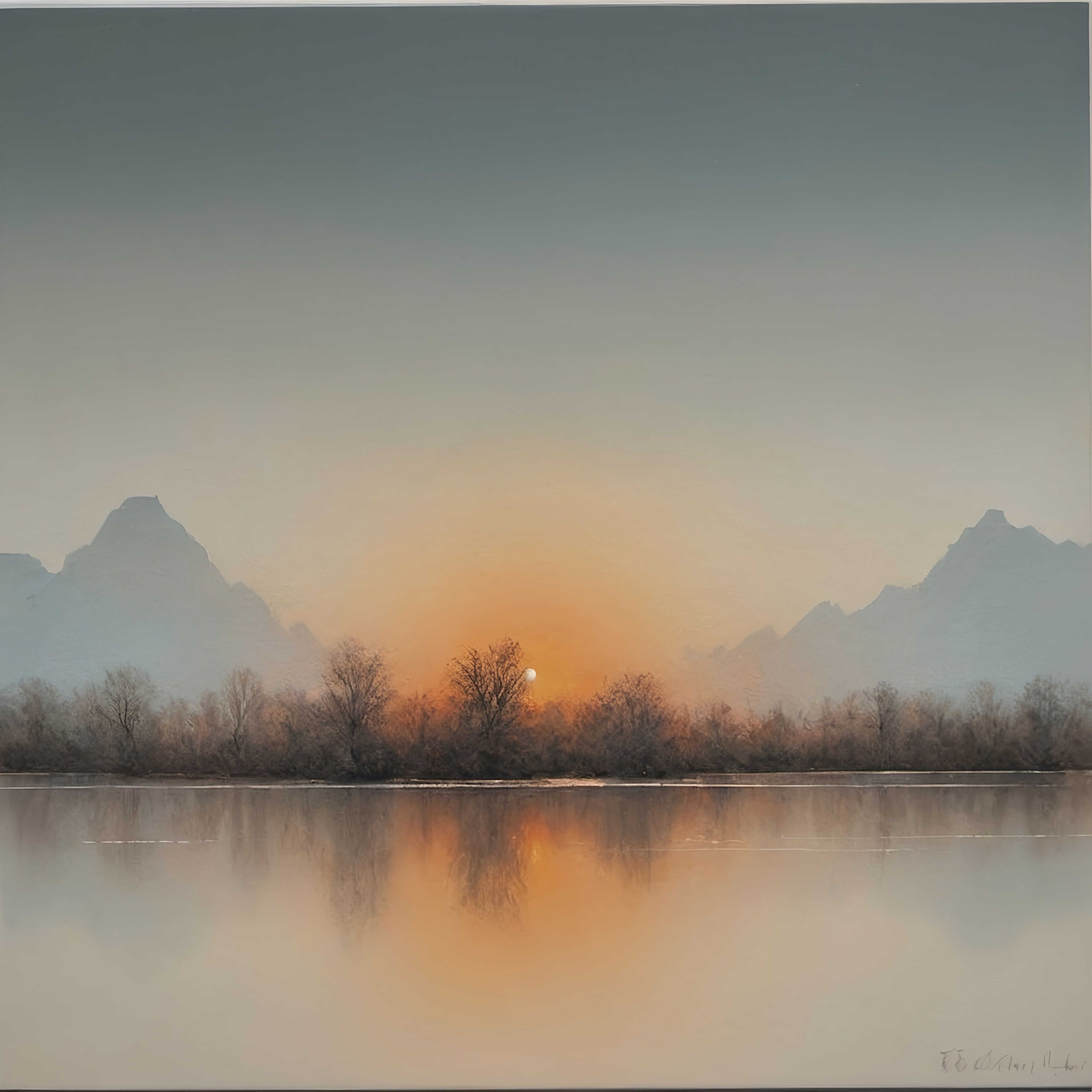 Prompt: a painting of a sunset over a lake with mountains in the background and a few trees in the foreground, precisionism, loftis, an ultrafine detailed painting