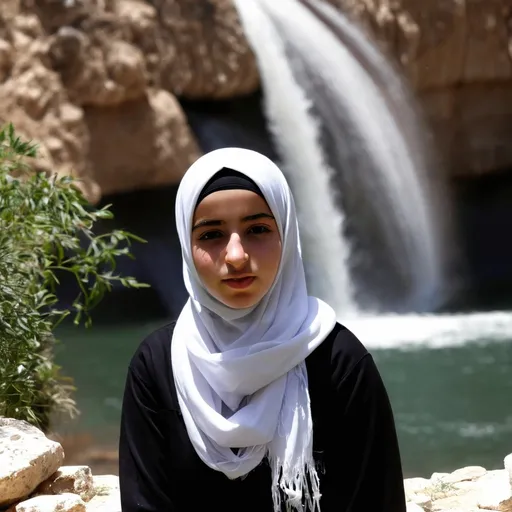 Prompt: Palestinian Teenage Girl wearing a Hijab near a waterfall