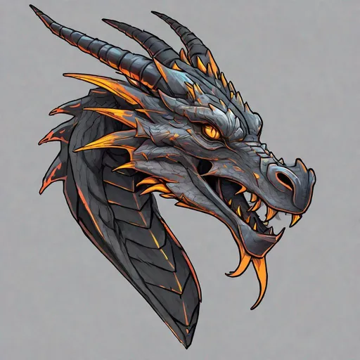 Prompt: Concept design of a dragon. Dragon head portrait. Coloring in the dragon is predominantly dark gray with subtle neon streaks and details present.