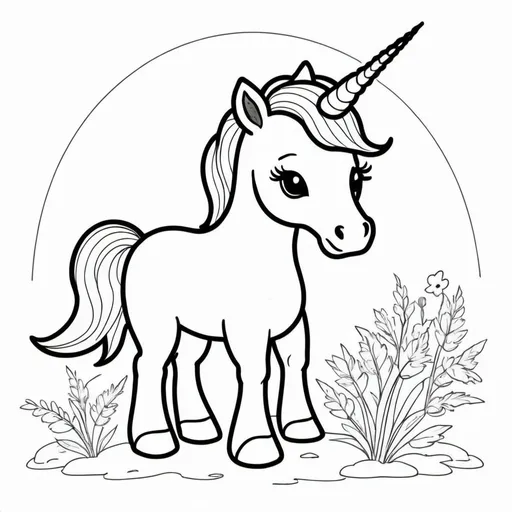 Prompt: create a simple, cute, but realistic, large, animal drawing of a unicorn in thick black outline, black lines only leaving space for kids to color in, include minimal landscaping relating to the animal. Drawings to be suitable for a kids coloring book ages 2-5, make sure not to use existing works.
