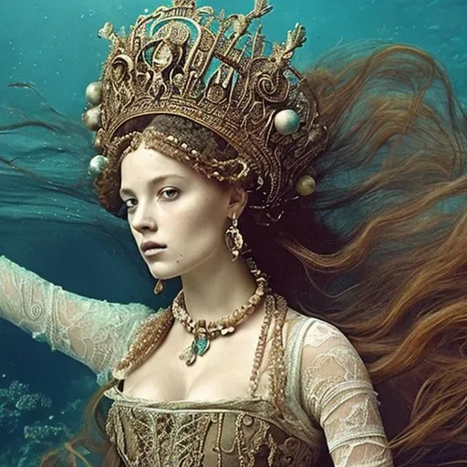 Prompt: woman in 16th century dress underwater lounging.  hair, elaborate hair, fabric, lace, bubbles. crown, jewels, queen.