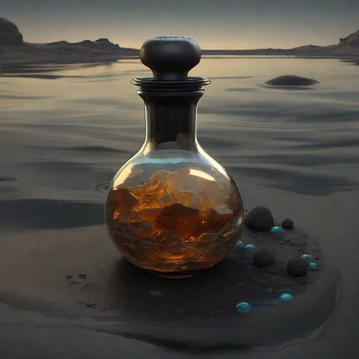 Prompt: A healthpotion in a fancy vial, half-burried, dirty with black sand and tar and oil, laying in the black sand of an oil lake, inside, cave, low-lighting, art by Stanley Lau and Artgerm and magali villeneuve and Alphonse Mucha, artstation, octane render, cgsociety, HDR, UHD, 64k, best quality, best quality, masterpiece:1.5)
