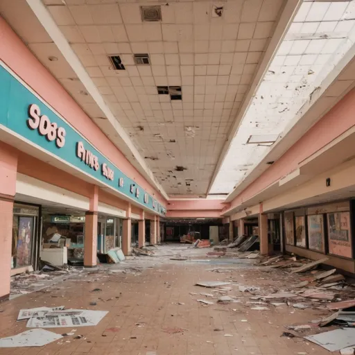 Prompt: The interior of an abandoned 1980s shopping mall, complete with different store front signs and posters still readable, random debris, liminal asthetic