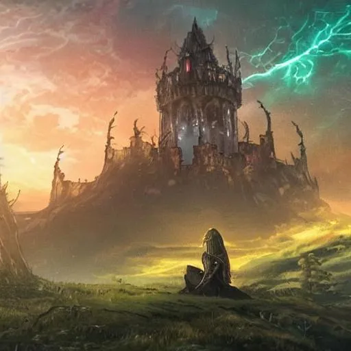 Prompt: The large world of Elden Ring, in the background on the side shows the World Tree glowing yellow/red hue, the sky has a greenish tint, in the middle foreground is a large, complex and decaying castle. Closer to us is a knight kneeling near a small glowing shrine. All of this is overseeing the world of Elden Ring and zoomed out over a large landscape with a gothic art style
