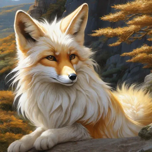 Prompt: hyperrealistic, best quality, professional oil painting, anime, masterpiece, nine-tailed female fox sitting on a cliffside, golden fur, head cautiously bent forward, thick silky white-gold mane, nine tails, kitsune, shy, timid, cautious, perfect composition, highly detailed, (sharp expressive detailed eyes:3), UHD, HDR, unreal engine, high octane render, 8k, intricate detail, 8k eyes, yuino Chiri, golden ratio, high octane, cinematic, intricately detailed mouth, highly detailed paws, breathtaking scenery, majestic sunrise