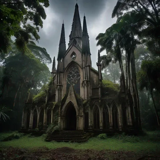 Prompt: RAW photo, tropical forest clearing, delirict gothic church, 2towering spires, Asian gargoyles, broken stained-glass windows, overgrown, intricate detail, single figure stands infont of church, head bowed, masterpiece, mesmerising, 8k, light rainfall, melancholy 