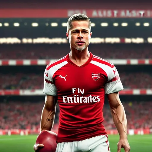 Prompt: Brad Pitt as Arsenal football player, wearing a red team kit, standing in Emirates stadium, holding the ball, like football video game cover, cinematic shot, 8K, realistic --ar 3:2
