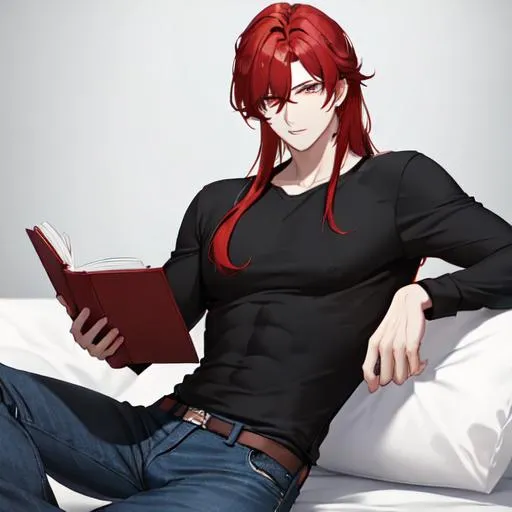 Prompt: Zerif 1male (Red side-swept hair covering his right eye) reading, wearing a black shirt, wearing denim pants, UHD, 8K, highly detailed