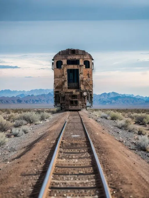 Prompt: Abandoned train in the desert flud 