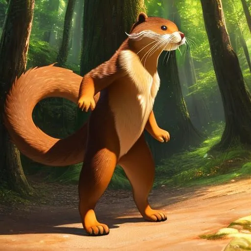 Prompt: Full-body detailed masterpiece, fantasy, high-res, quality upscaled image, perfect composition, subject of this image is a bipedal female otter, brown fur, athletic body, 18k composition, 16k, 2D image, cell shaded, otter, athletic torso, forest background, female chest; using renamon as the body,  otter face features, busty chest,