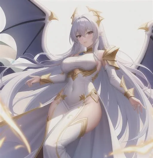 Prompt: White dragon knight, wings, large dragon tail, gold armor, woman, long dress