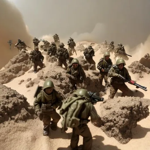 Prompt: trench warfare, recon scouts, scifi, army, rangers, sand storm, mountain, desert, lightning, lava