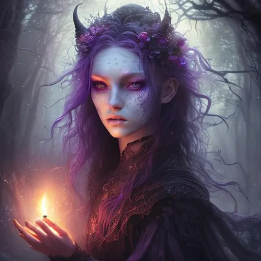 Prompt: Detailed and mystical portrait of a young beautiful witch with ivory clear skin, long flame red hair and deep purple eyes. Perfect female body,, night light, dramatic, magical, fantasy, 8k, high detailed, dramatic light