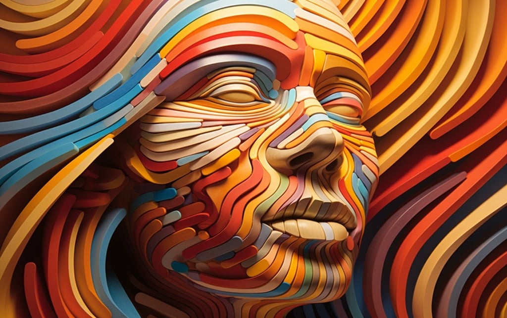 Prompt: an illustration showing a man's face, in the style of psychedelic graphic design, color stripes, mandy disher, sunrays shine upon it, mind-bending sculptures, aaron douglas, optical illusion