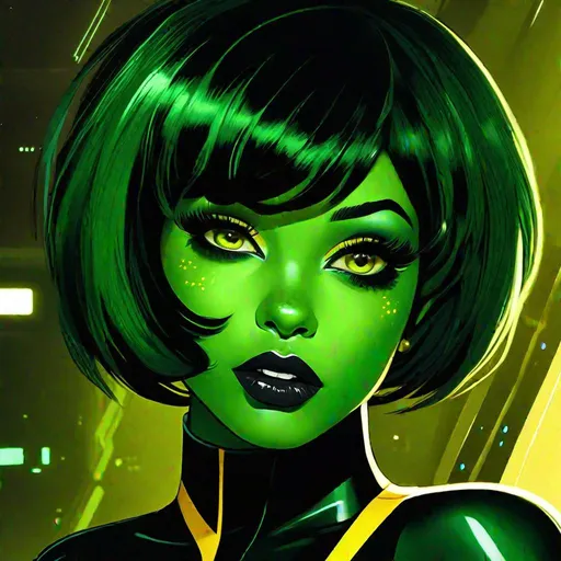 Prompt: an image of a green skinned young feminine miralan character. orion species from star trek with green skin, a green european female mandalorian, green skinned green girl with green skin, jet black lips, jet black lipstick, extremely short messy jet black bob undercut hair, bright yellow glowing eyes, moles, freckles, beauty marks, huge long hooked aquiline grecian nose. warrior wearing a jet black mandalorian armour in style of the mandalorian, green woman with green skin, in style of a star wars movie. green tan, revealed open green belly, reveals green skin, green arm, green legs, green torso, green neck, green shoulders, green hands, green feet, blushing cheeks, holding a mandalorian helmet under her armpit, mandalorian chestpiece, cape in the back falling over shoulders, 2d art. 2d. she-hulk