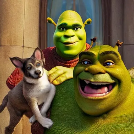 Prompt: highly detailed promo image of shrek with a dog as a pet

