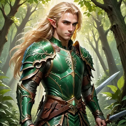 Prompt: Male half-elf paladin, wearing vibrant green armor, radiant and intricate designs, flowing blonde hair cascading down his back, studded leather accessories, wielding a shimmering sword, standing confidently in a lush forest background, warm sunlight filtering through the leaves, enhancing the noble and heroic atmosphere, mystical aura, detailed expressions, ultra-detailed, high quality imagery, heroic pose, magical elements gently surrounding him, enchanting ambiance.