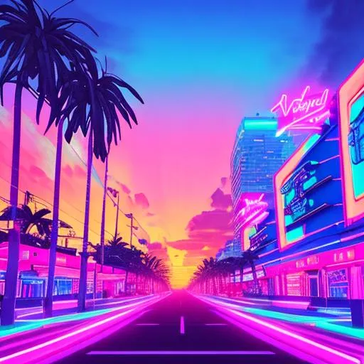 Prompt: vaporwave city, neon lighting, beautiful sunset, palm trees. Retro, 4k, high quality