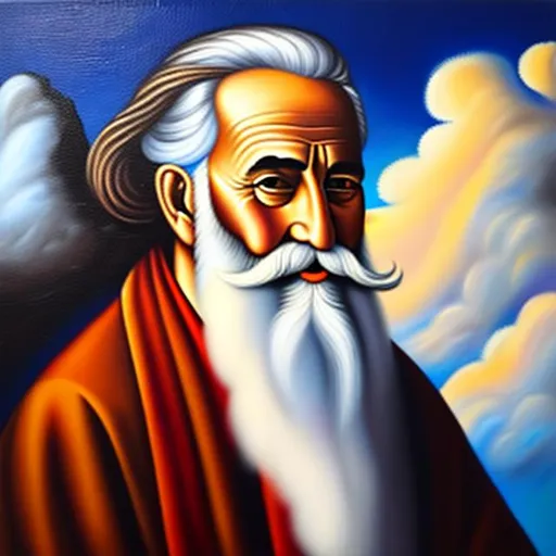 Prompt: Oil painting of an old man with a long beard. the beard is made out of clouds. Soft smooth lighting