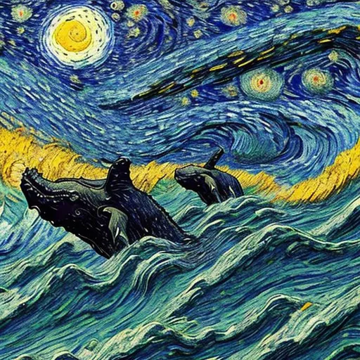 Prompt: humpback whales swimming within van gogh's starry night