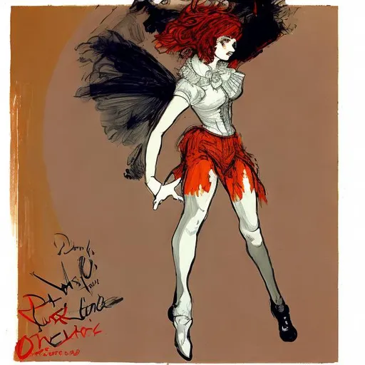 Prompt: jane avril dancing, red hair, goth dress, cyberpunk, in the style of toulouse lautrec