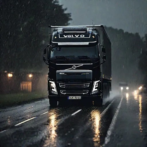 Prompt: black volvo truck, cinematic shot, 4k, dark, atmospheric, rain