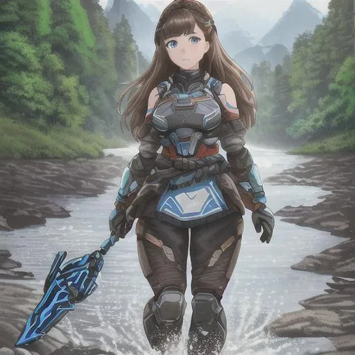 Prompt: a brown hair girl with light brown front bangs,wearing horizon zero dawn armor dark blue ,4k,very high quality,light blue eyes,has spear ,pouches on her waist,looks serous,full body,standing by a river,with forest and machines in background,black pants