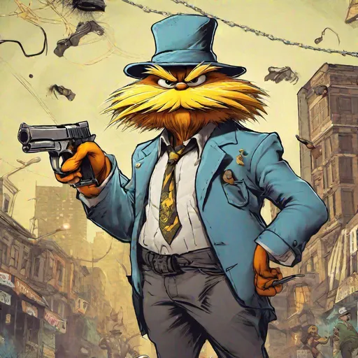 Prompt: the lorax as a street gangster, gold chain, holding a pistol