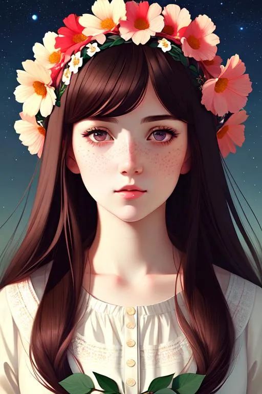 Prompt: Portrait of a cute girl, with flower wreath, freckles, detailed face. Nightsky background. by Ilya Kuvshinov and Botticelli. Renaissance artstyle, somber