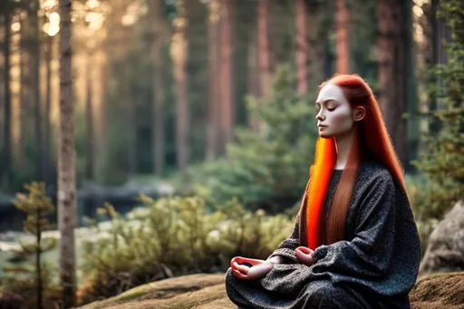 Prompt: woman in meditation, red long hair, forest, pine trees, sparkling water