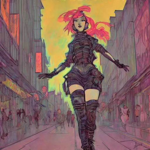 Prompt: jane avril dancing cyberpunk in the style of toulouse lautrec