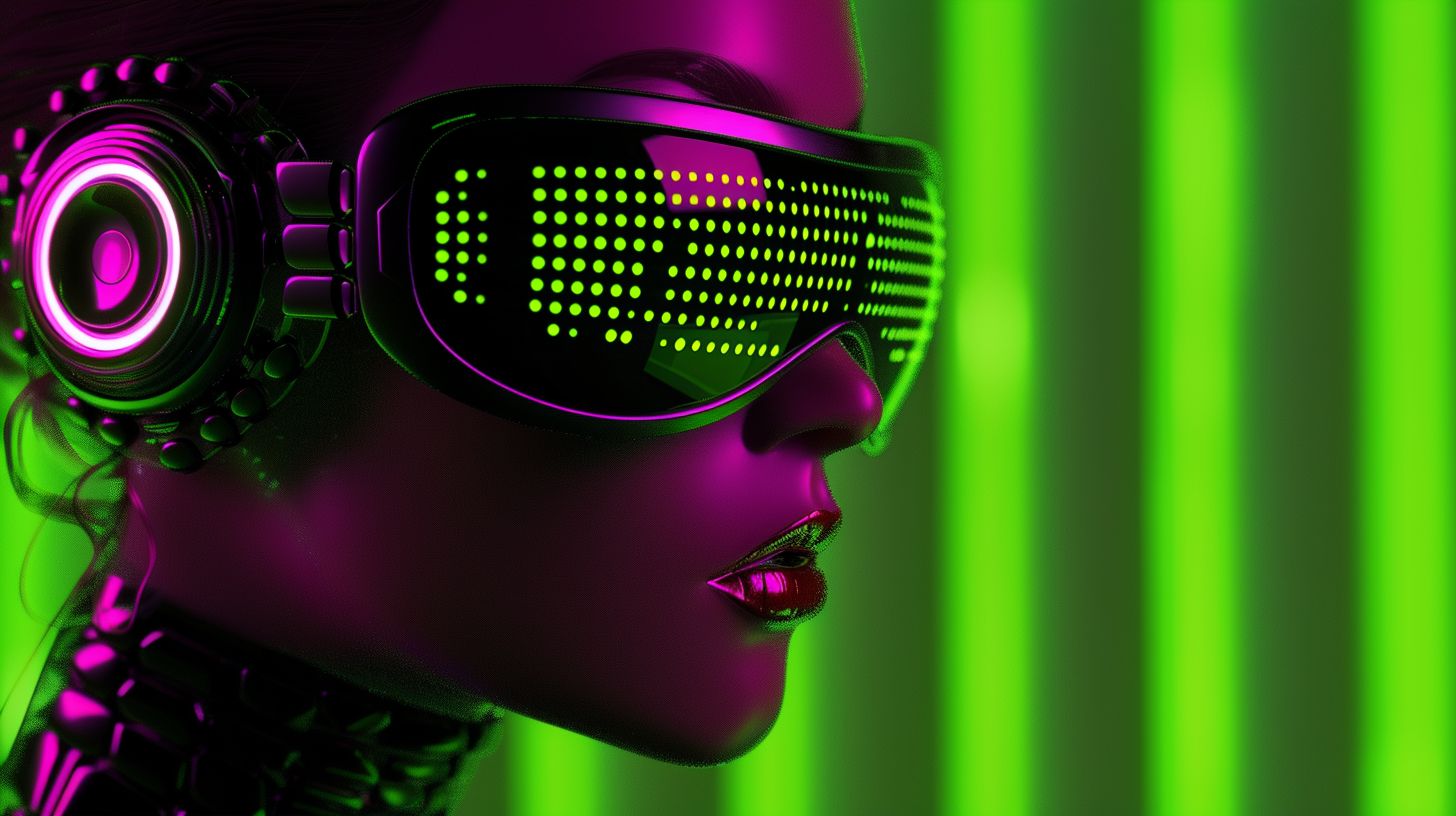 Prompt: female robot in glasses looking at a background, in the style of psychedelic tableaux, intricate costumes, daz3d, mosaic-inspired realism, neon grids, hurufiyya, chromepunk