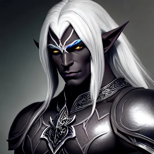 Prompt: man dark elf, strong, muscular, drow, stunning, gorgeous, fit, wearing a dark armor, fantasy, UHD, 8k, high quality, ultra quality, perfect composition, trending art, trending on artstation, sharp focus, studio photo, intricate details, cinematic lighting, special effects, hyper realism, hyper realistic, Very detailed, high detailed face, high detailed eyes, oil painting, full body