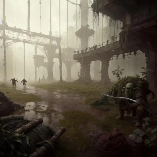 Prompt: dirty, eerie orcs, ragged cloak, belts and pouches, spear, sword, bow, mossy, decaying, rusty and worn,  intricate detail,  show antennas and wires and circuits, old apocalyptic city wasteland overgrown by oppressive huge forest, vines, plants and roots growing, cracking through walls, 3d render,  high detail, dont show cars,